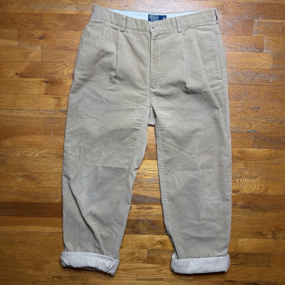 Vintage Polo Ralph Lauren Pants Men 34x30 Tan Corduroy Straight Leg Pleat Casual